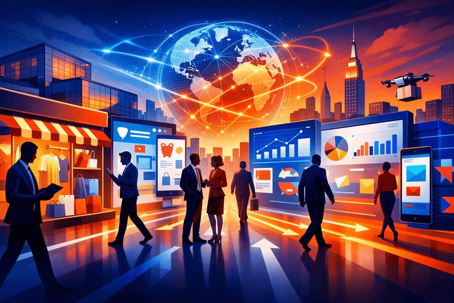 Illustration of retail leaders meeting among storefronts, dashboards, and a connected globe