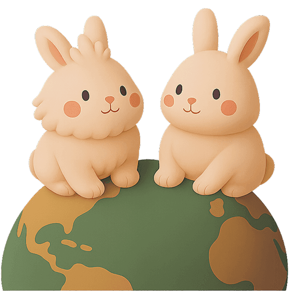 Two Kasama mascot bunnies sitting on top of a globe