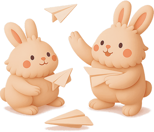 Two bunnies passing paper airplanes