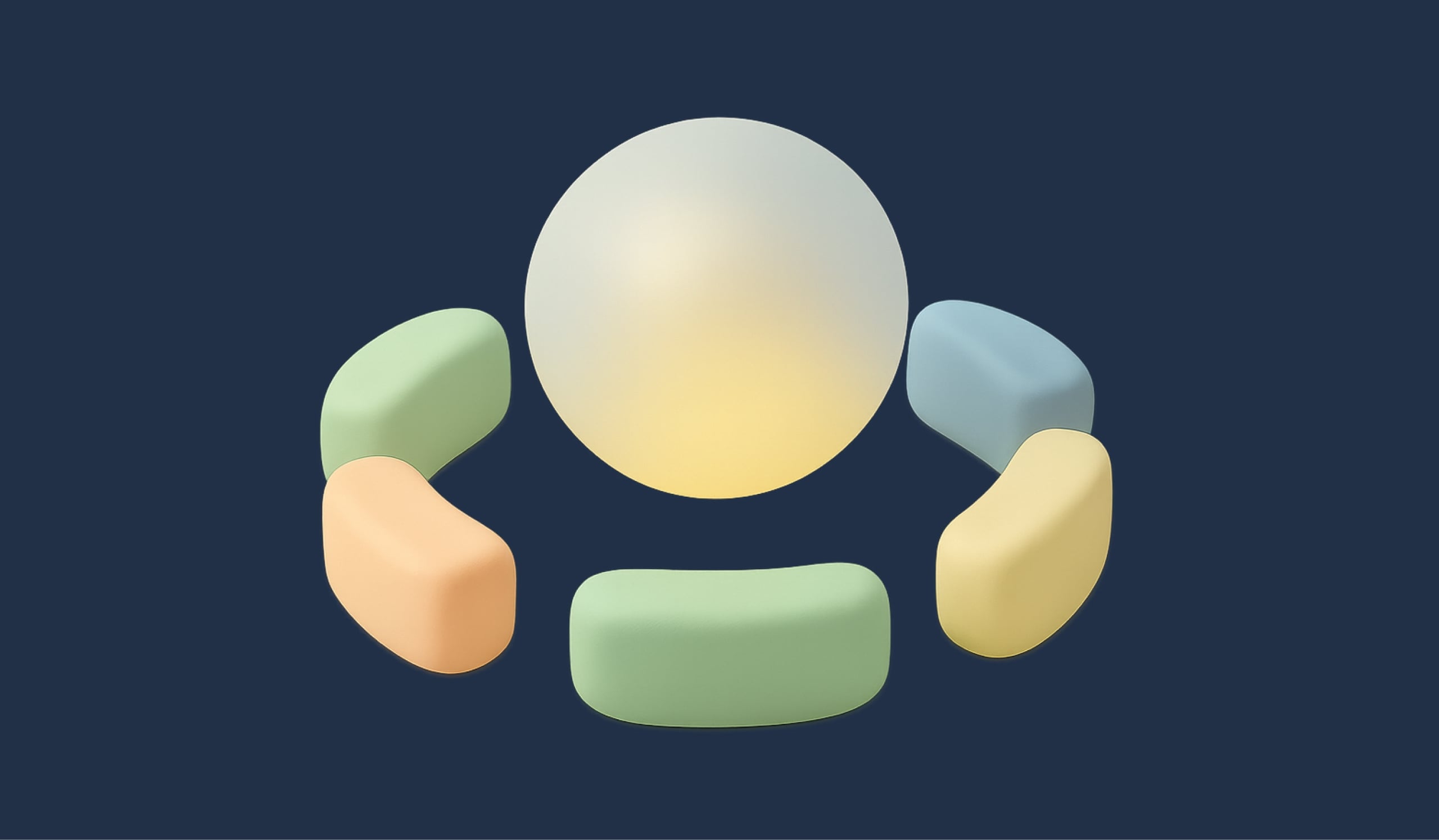 Pastel pebble shapes orbiting a glowing sphere on a navy backdrop