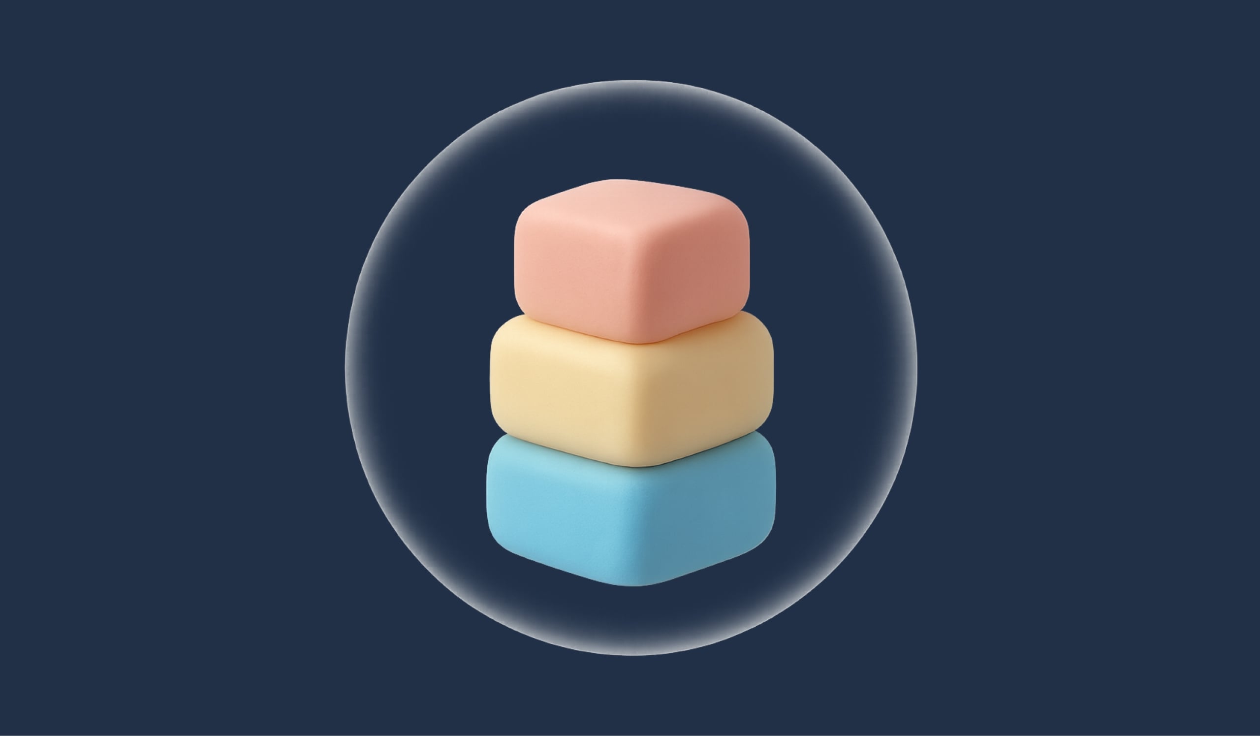 Stacked pastel cubes inside a translucent sphere on a navy backdrop