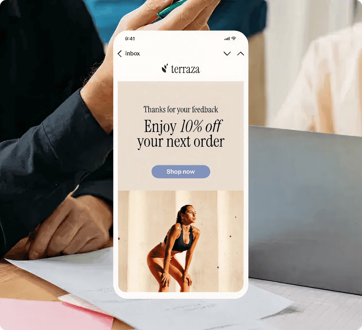 Mobile-first Klaviyo campaign showing a thank-you discount email with a Shop now button