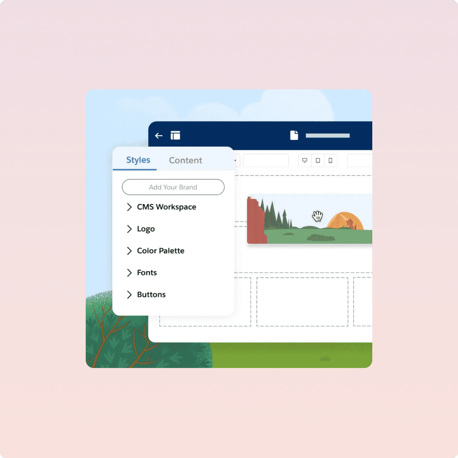 Salesforce Commerce Cloud CMS workspace mockup with style and content panels
