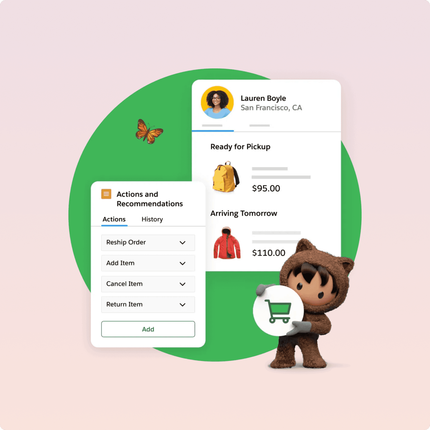 Salesforce Order Management interface with action menu and order line items