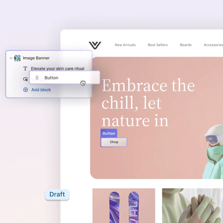 Shopify theme builder showing an image banner and product grid being edited