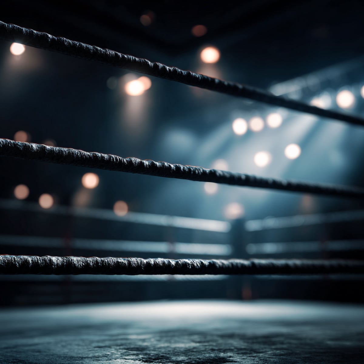 Empty boxing ring under stadium lights, ropes in foreground