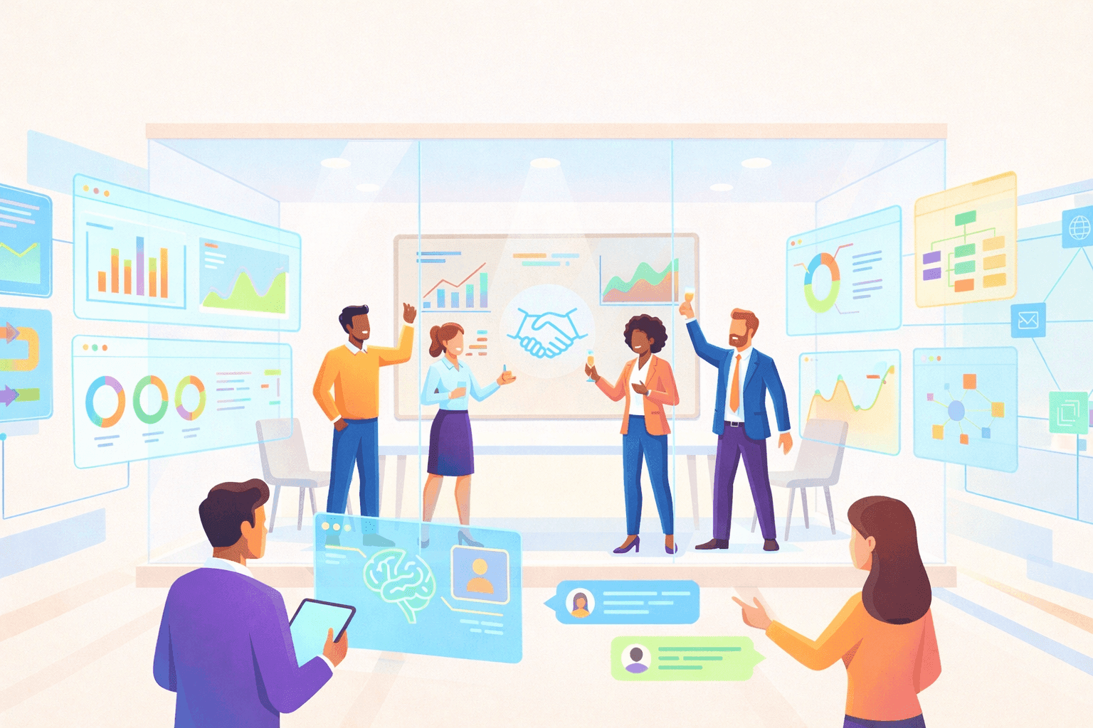 Illustration of a collaborative business team analyzing dashboards, charts, customer insights, and performance data in a digital workspace.