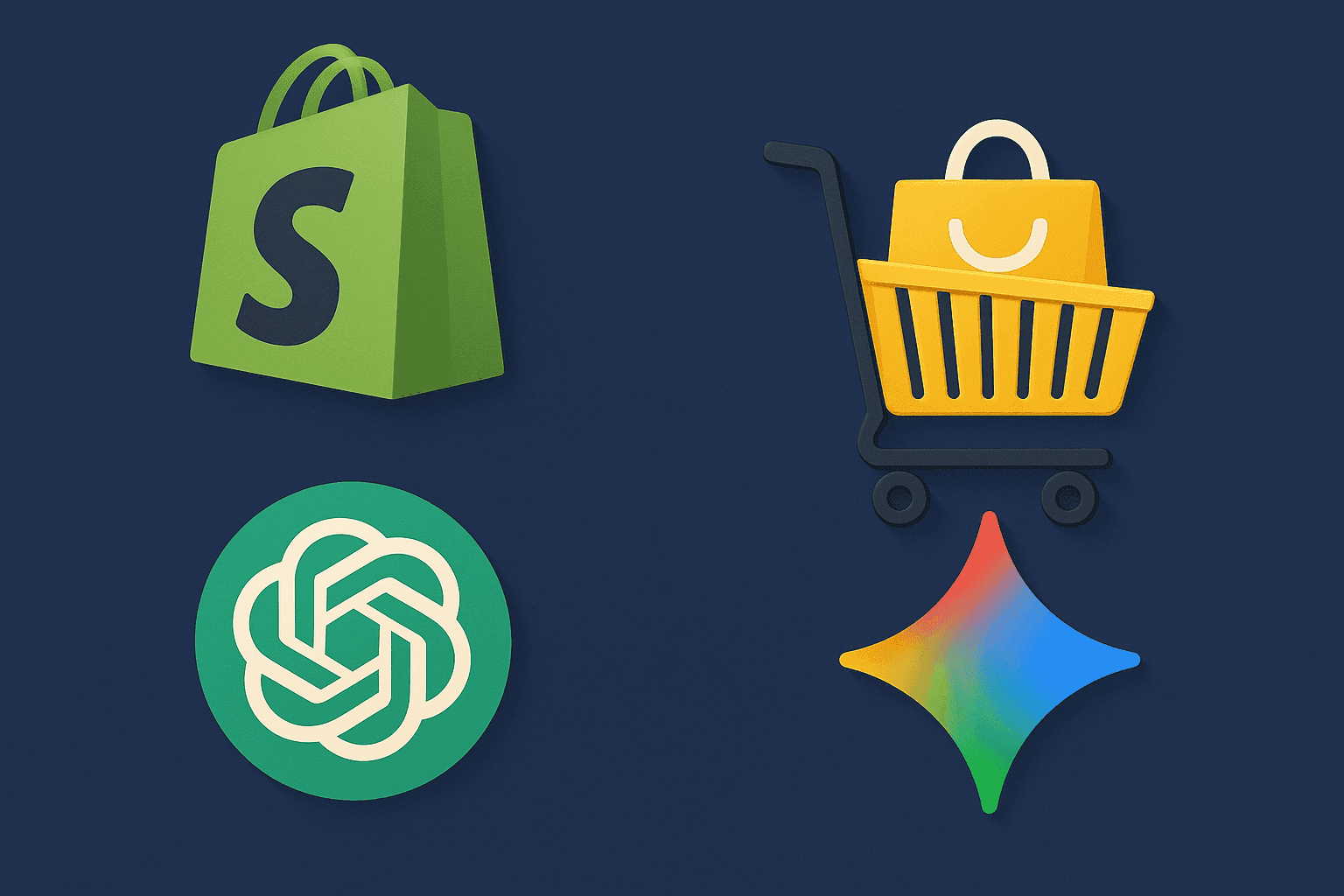 Illustration showing Shopify, ChatGPT, Google Gemini, and an online shopping cart, representing AI-powered e-commerce integrations.