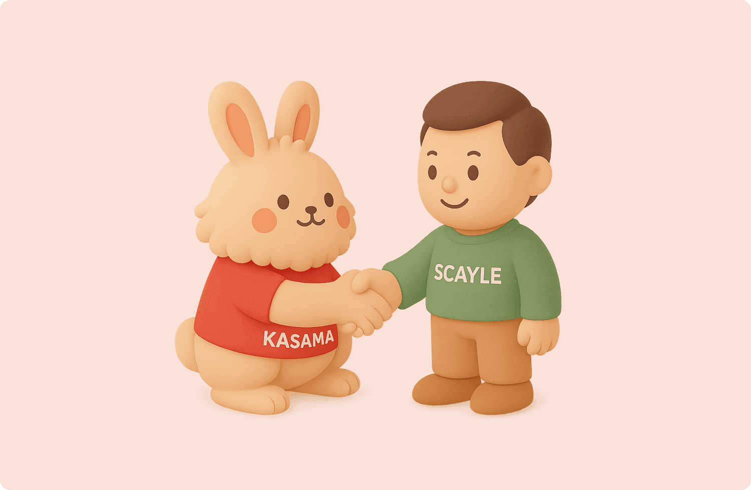 A cute 3D-style illustration of a rabbit wearing a red “KASAMA” shirt shaking hands with a person wearing a green “SCAYLE” shirt against a light pink background.