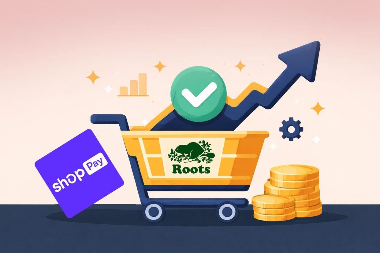 Illustration of Roots’ Shopify store growth, featuring a shopping cart, Shop Pay, rising performance arrow, approval checkmark, and stacked coins.
