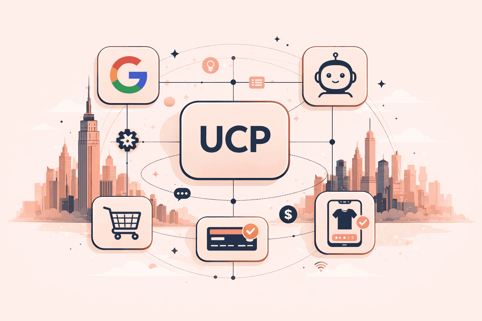 Illustration of a unified commerce platform connecting Google, AI support, online shopping, payments, and mobile commerce across a city network.
