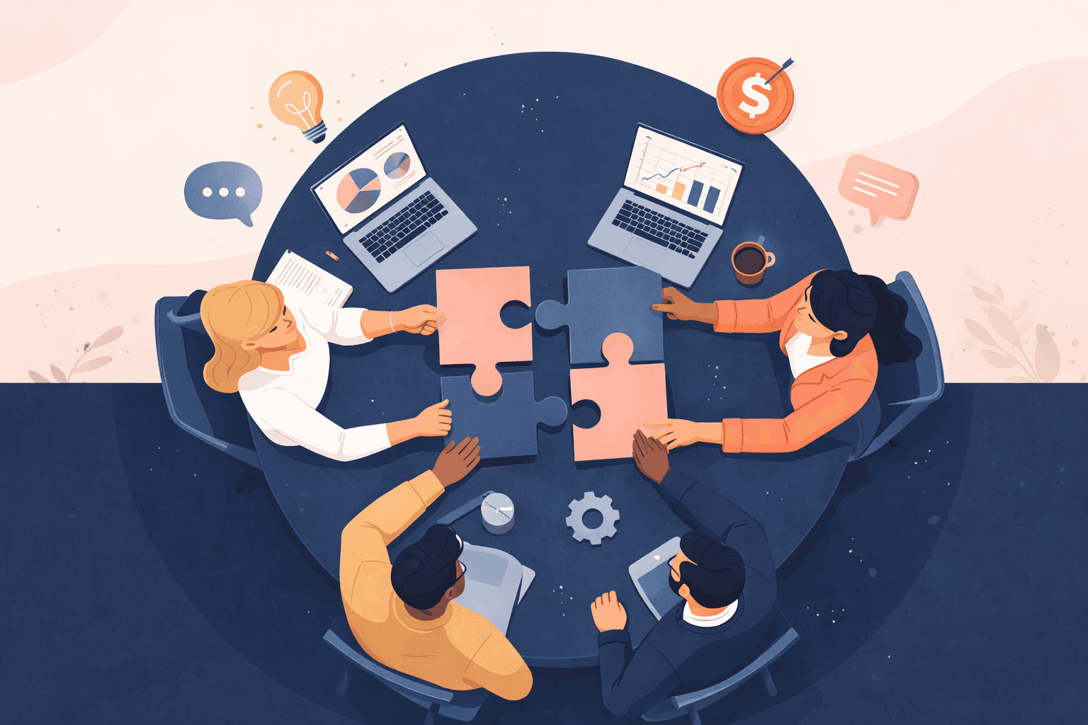 Illustration of a business team assembling puzzle pieces around a table, symbolizing collaboration, strategy, and problem-solving.