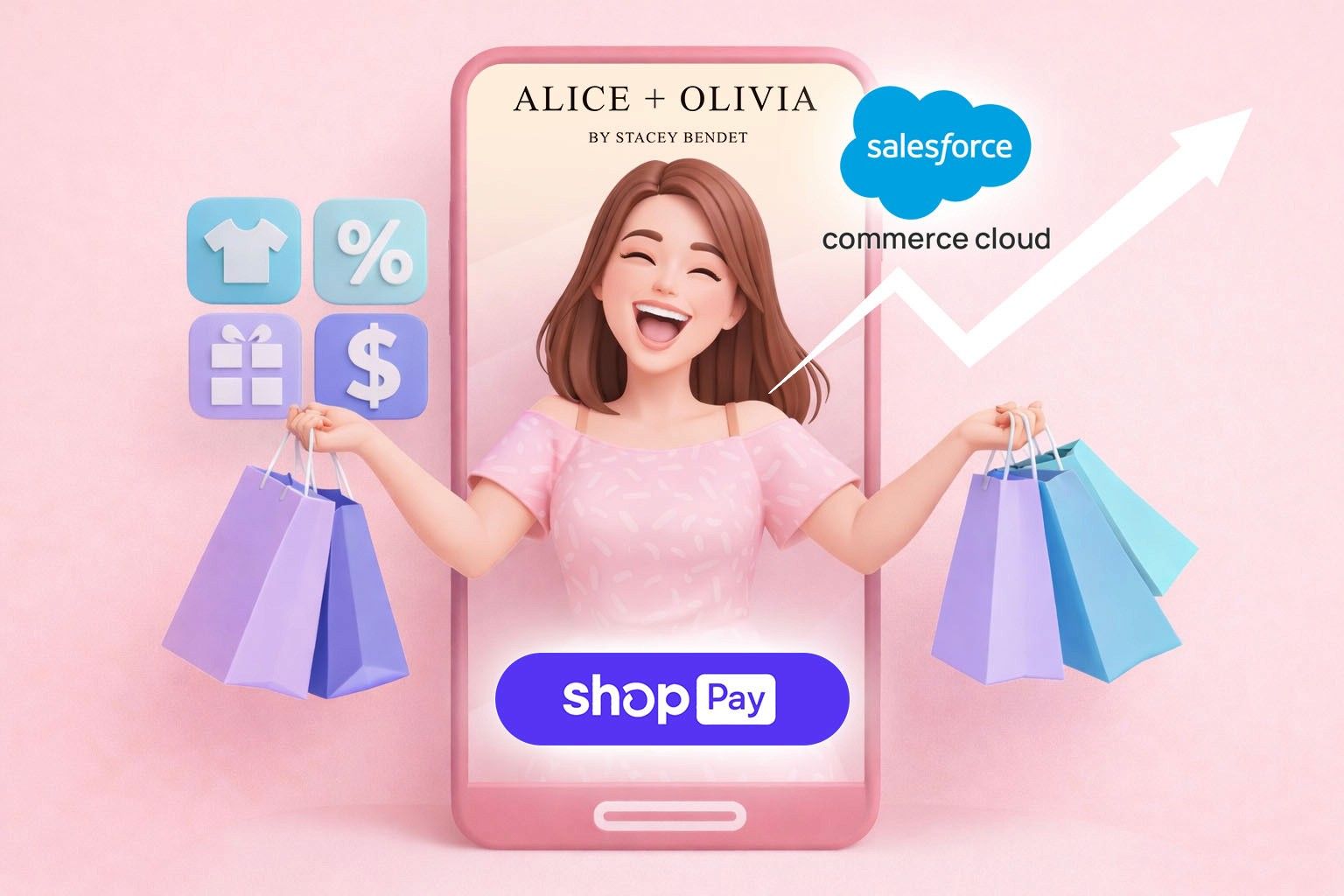Illustration of a mobile shopping experience integrating Salesforce Commerce Cloud and Shop Pay, with a shopper holding colorful bags and a rising sales chart.